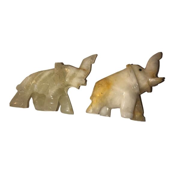 2 Vintage Tiny Miniature Stone Carved Trunk Raised Elephants Good Luck Charms - Picture 1 of 7
